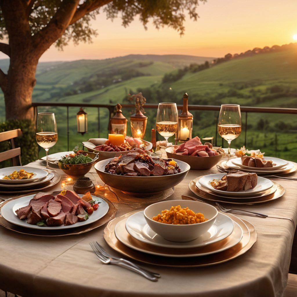 A luxurious dining table set outdoors, adorned with elegant tableware and gourmet dishes featuring various high-quality meats. In the background, a scenic view of a sunset over rolling hills, with twinkling fairy lights hanging from trees. Emphasize rich textures in the food and a sense of sophistication and indulgence. warm colors, soft focus, exquisite detail. super-realistic.