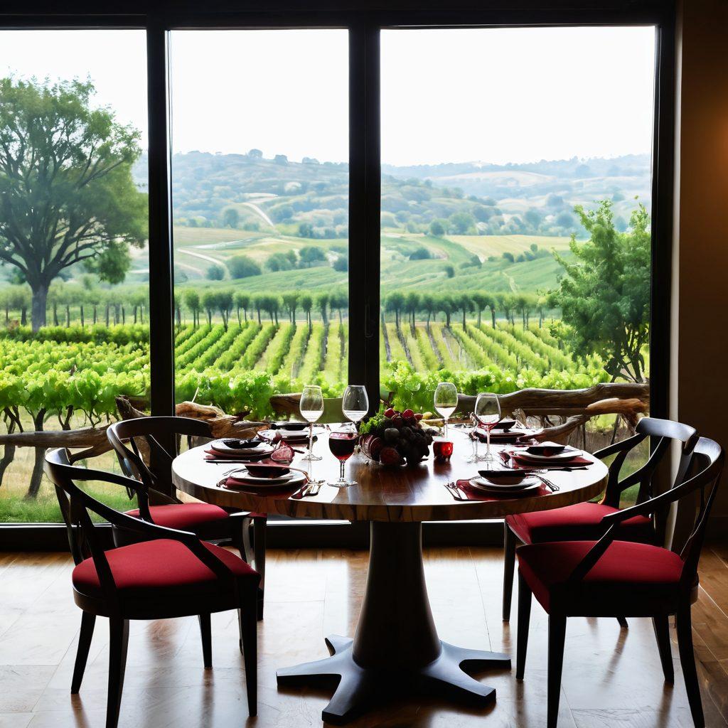 An elegant wooden dining table adorned with a variety of beef cuts artfully arranged, showcasing rich marbling and textures. Nearby, an exquisite selection of red wines in elegant glasses, with a picturesque vineyard visible through a window. Include fresh herbs and gourmet side dishes for a complete culinary experience. The background should have soft, warm lighting to enhance the inviting atmosphere. super-realistic. vibrant colors. warm tones.