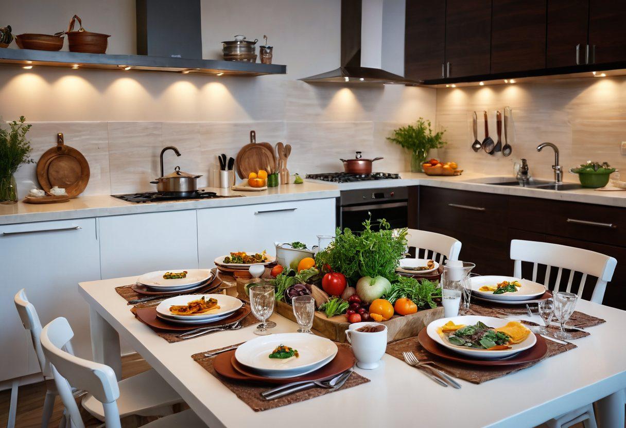 A beautifully arranged dining table featuring an array of gourmet dishes, each artfully plated and vibrant in color. In the background, a charming kitchen with fresh herbs and cooking utensils adds warmth. Include an inviting atmosphere with soft lighting, emphasizing culinary excellence and creativity. The image should evoke a sense of luxury and inspiration for home cooking. super-realistic. warm tones. vibrant colors.